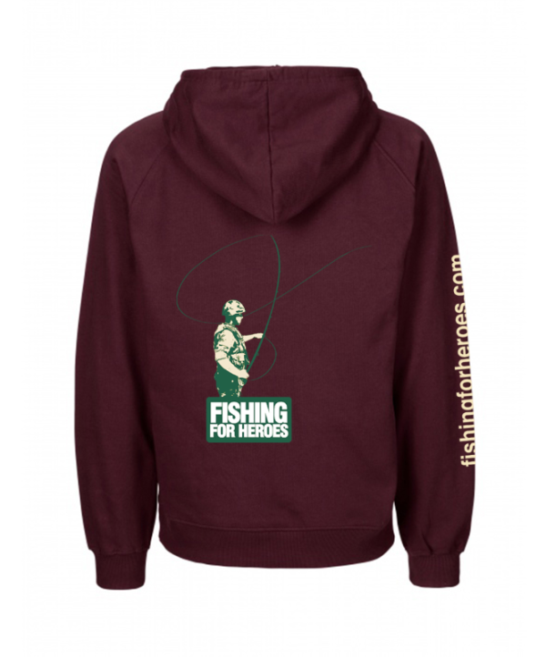 Back view of Hoodie in burgundy from Fishing For Heroes