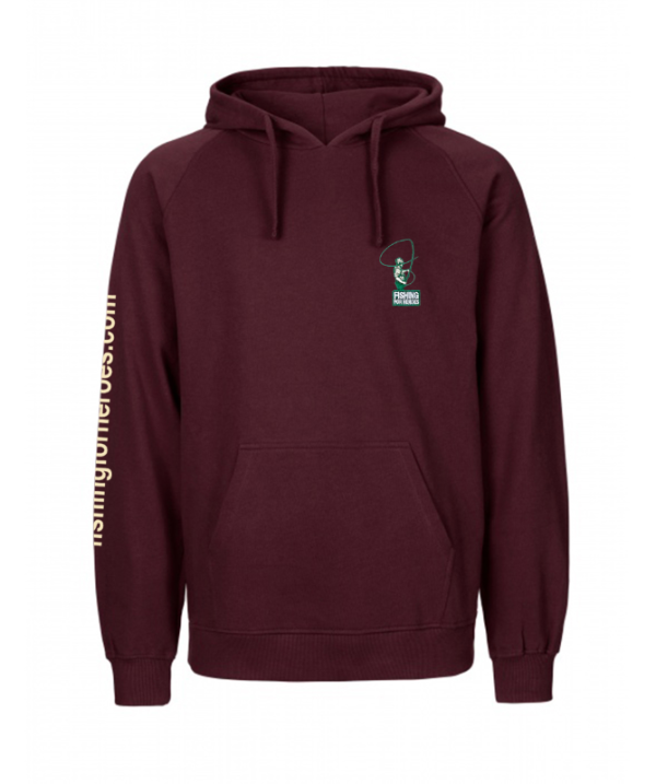 Front view of Hoodie in burgundy from Fishing For Heroes