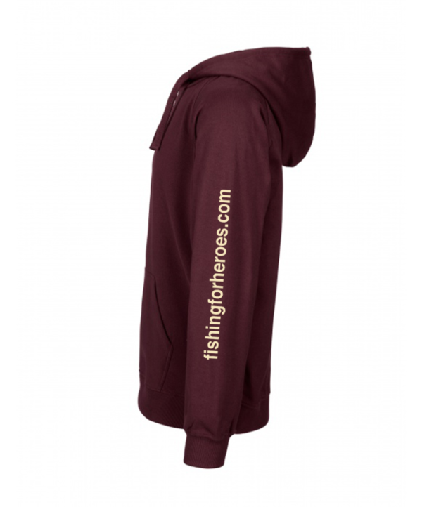 Sleeve view of Hoodie in burgundy from Fishing For Heroes