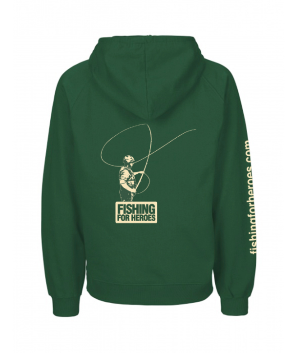 Back view of Hoodie in bottle green from Fishing For Heroes