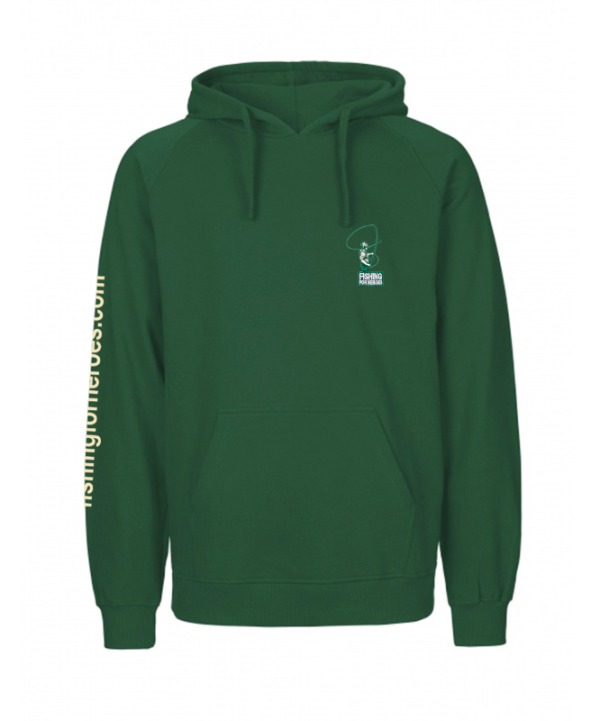 Front view of Hoodie in bottle green from Fishing For Heroes