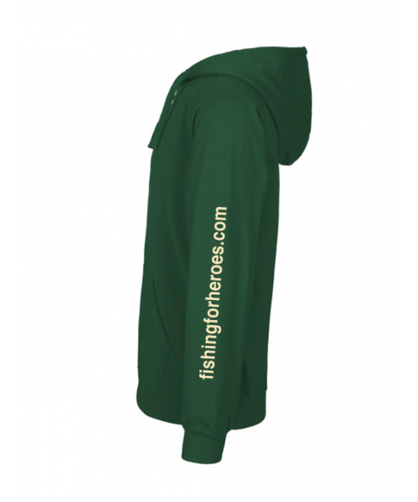 Sleeve view of Hoodie in bottle green from Fishing For Heroes