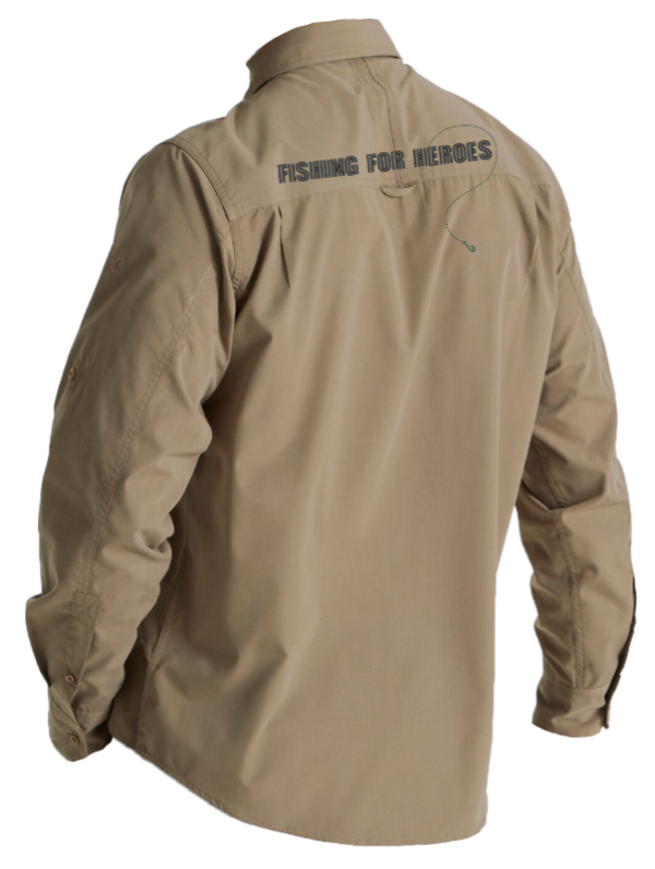 Back view of Fishing Shirt in olive green from Fishing For Heroes